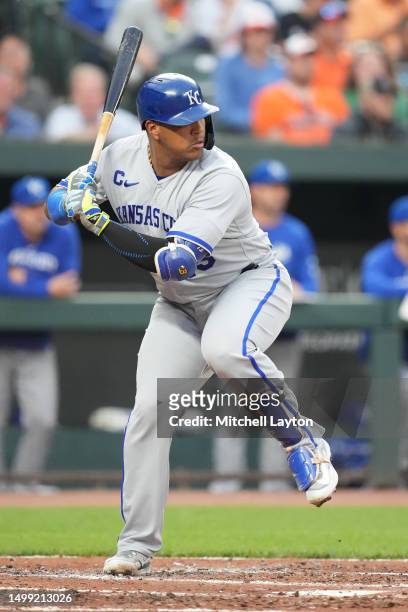 Salvador Perez of the Kansas City Royals prepares for a pitch during a baseball game against the Baltimore Orioles at Oriole Park at Camden Yards on...