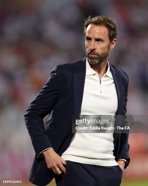 Gareth Southgate, Manager of England, reacts during the UEFA EURO 2024 qualifying round group C match between Malta and England at Ta' Qali Stadium...