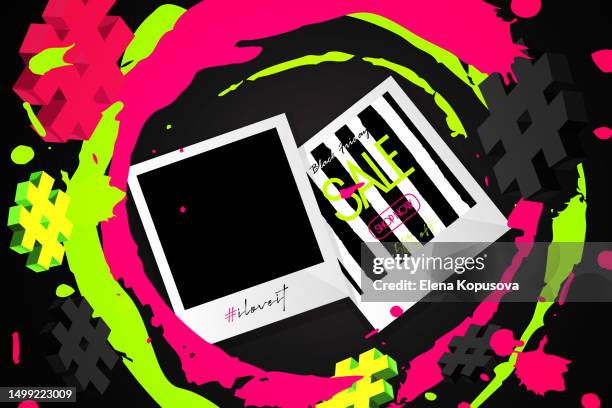 das konzept des saisonalen verkaufs in einem modernen stil. schwarzer freitag. drucken sie fotos mit leerem raum im handumdrehen mit bunten klecksen und 3d-hashtags. stilvolle kreative vorlage oder banner. - emulsionslift stock-grafiken, -clipart, -cartoons und -symbole