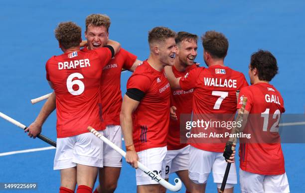 Team Great Britain celebrate their sides second goal scored by David Goodfield during the FIH Hockey Pro League Men's match between Great Britain and...