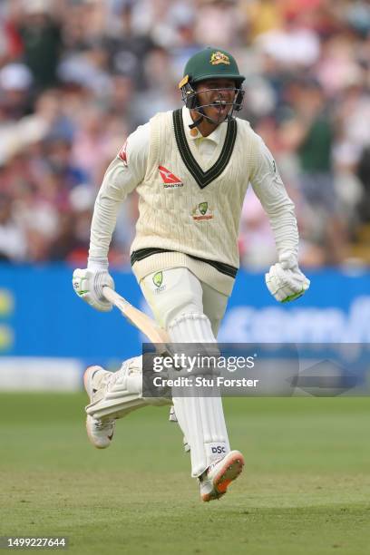 Usman Khawaja of Australia celebrates his century during Day 2 of the LV= Insurance Ashes 1st Test match between England and Australia at Edgbaston...