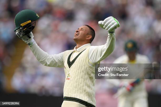Usman Khawaja of Australia celebrates his century during Day 2 of the LV= Insurance Ashes 1st Test match between England and Australia at Edgbaston...