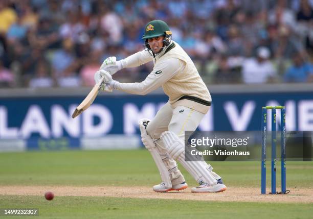 Usman Khawaja of Australia cuts to bring up his century during Day Two of the LV= Insurance Ashes 1st Test match between England and Australia at...
