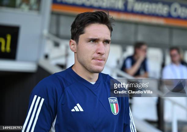Federico Chiesa of Italy attends before an Italy Training Session, the UEFA Nations League 2022/23 at K.V.V Quick '20 Stadium on June 17, 2023 in...
