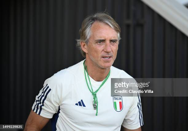 Head coach of Italy Roberto Mancini attends before an Italy Training Session the UEFA Nations League 2022/23 at K.V.V Quick '20 Stadium on June 17,...