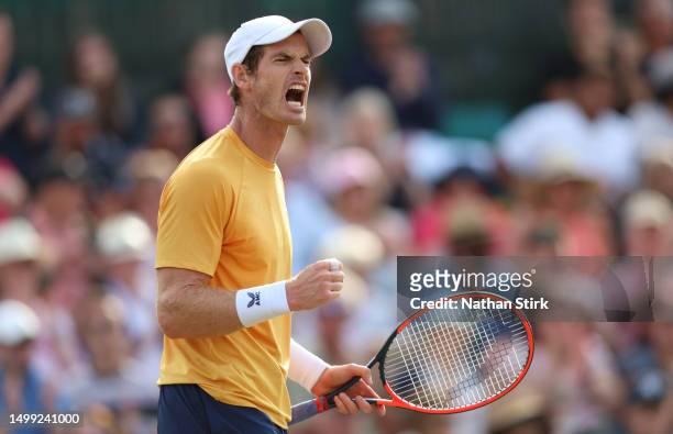 Andy Murray of Great Britain reacts as he plays against Nuno Borges of Portugal during the Rothesay Open at Nottingham Tennis Centre on June 17, 2023...