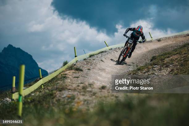 Matt Walker of Great Britain competes in the UCI Mountain Bike World Cup Leogang Downhill Men on June 17, 2023 in Leogang, Austria.