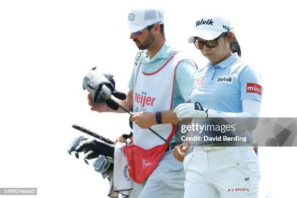 Mi Hyang Lee of South Korea walks off the third tee during the third round of the Meijer LPGA Classic for Simply Give at Blythefield Country Club on...