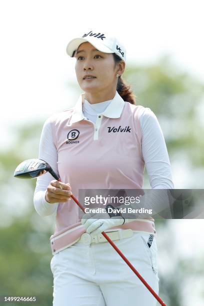 Chella Choi of South Korea watches her shot from the third tee during the third round of the Meijer LPGA Classic for Simply Give at Blythefield...