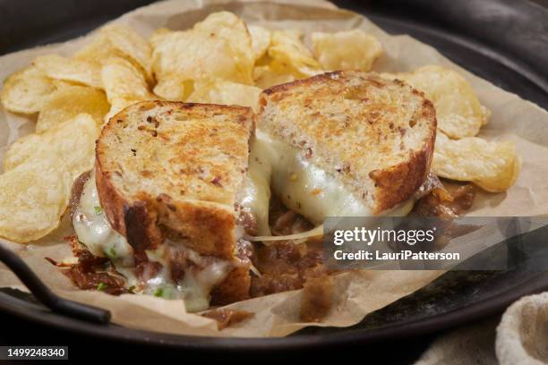 french onion grilled cheese sandwich - soup and sandwich stock pictures, royalty-free photos & images