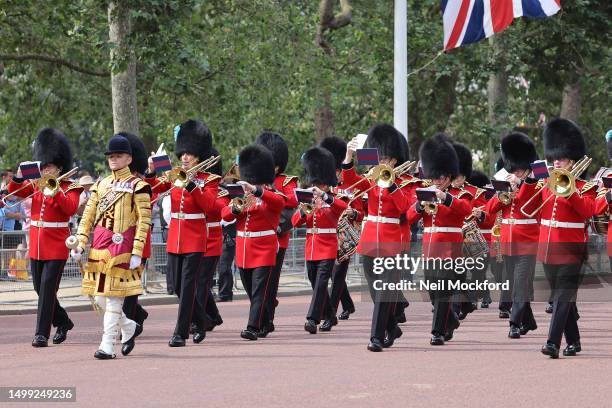 Members of the band head down The Mall during Trooping the Colour on June 17, 2023 in London, England. Trooping the Colour is a traditional parade...