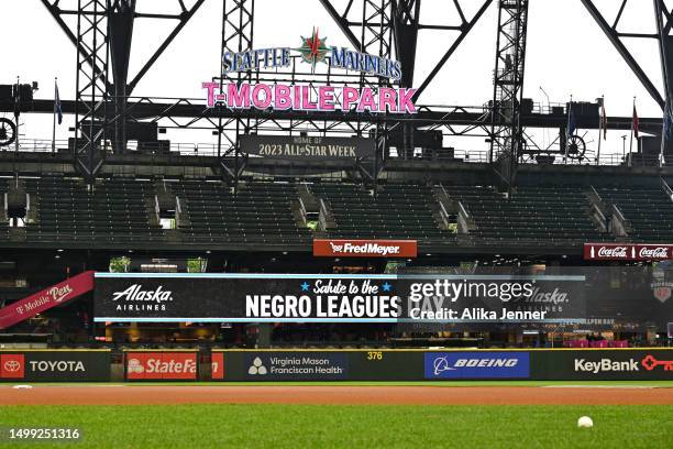 View of the video board displaying "Salute to the Negro Leagues Day" before the game between the Seattle Mariners and the Chicago White Sox at...