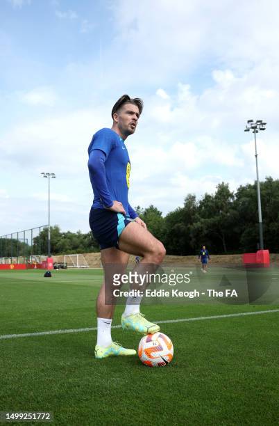 Jack Grealish of England looks on during a training session at Carrington Training Ground on June 17, 2023 in Manchester, England.