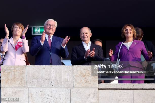 German President Frank-Walter Steinmeier and First Lady Elke Buedenbender attend with German Chancellor Olaf Scholz and his wife Britta Ernst the...