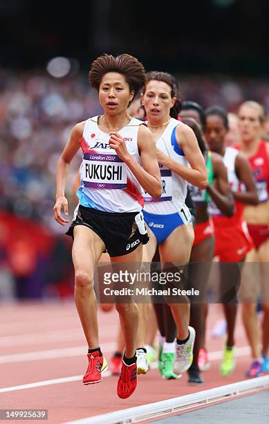 Kayoko Fukushi of Japan leads a pack in the Women's 5000m Round 1 Heats on Day 11 of the London 2012 Olympic Games at Olympic Stadium on August 7,...