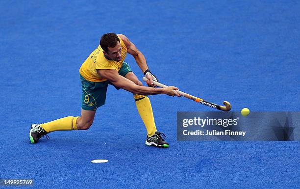 Mark Knowles of Australia scores a penalty during the Men's Hockey match between Australia and Pakistan on Day 11 of the London 2012 Olympic Games at...