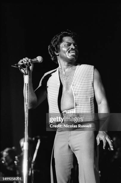 Photograph of American Musician James Brown performing Live in concert at a venue Los Angeles, California in January, 1978.