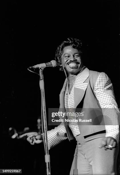 Photograph of American Musician James Brown performing Live in concert at a venue Los Angeles, California in January, 1978.