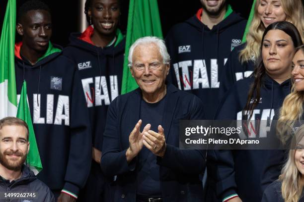 Designer Giorgio Armani and the team of paralympic athletes walks the runway at the Emporio Armani Spring/Summer 2024 fashion show during the Milan...