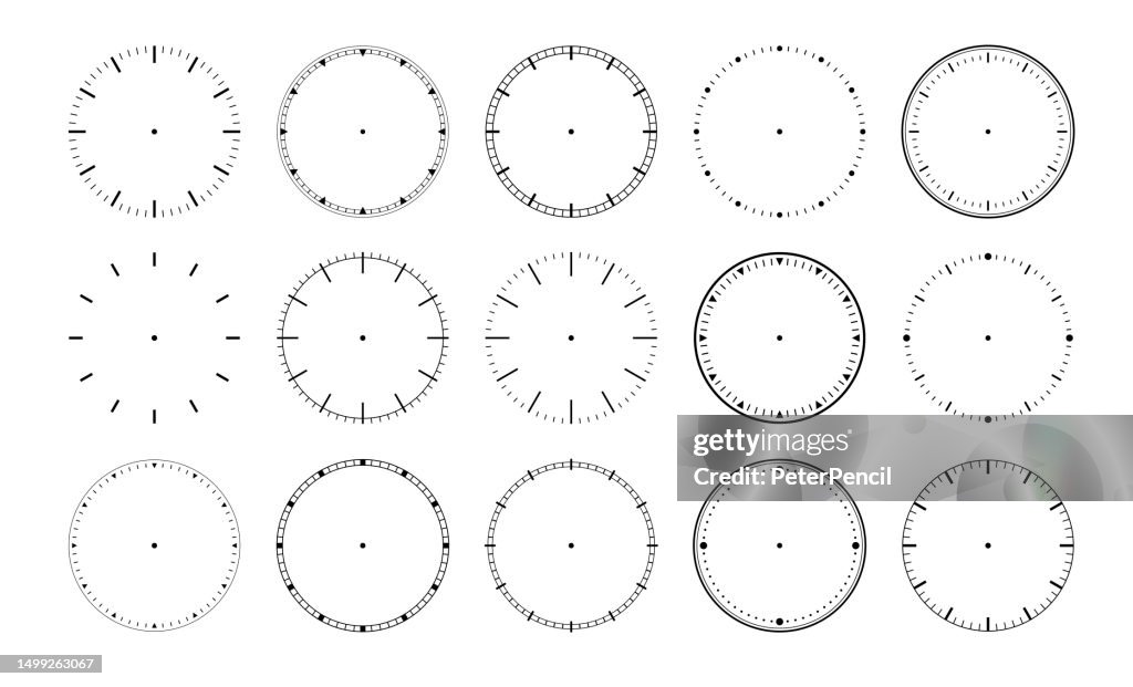 Caras de reloj. Dial de reloj. Esfera de reloj mecánica vacía sin flechas ni números. Conjunto vectorial