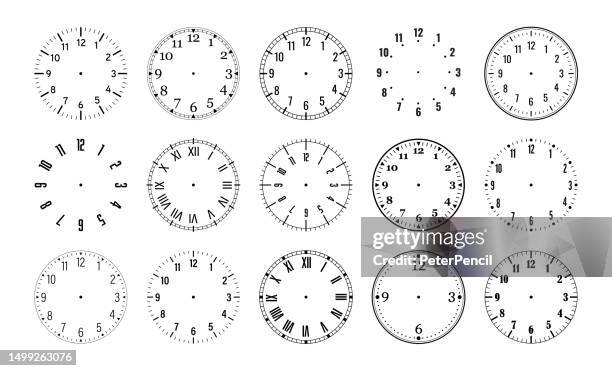 illustrazioni stock, clip art, cartoni animati e icone di tendenza di quadranti orologio. quadrante dell'orologio. quadrante meccanico vuoto con frecce - minuti e ore. set vettoriale - quadrante di orologio