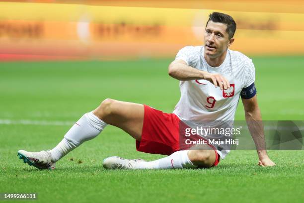 Robert Lewandowski of Poland reacts during the international friendly match between Poland and Germany at Stadion Narodowy on June 16, 2023 in...