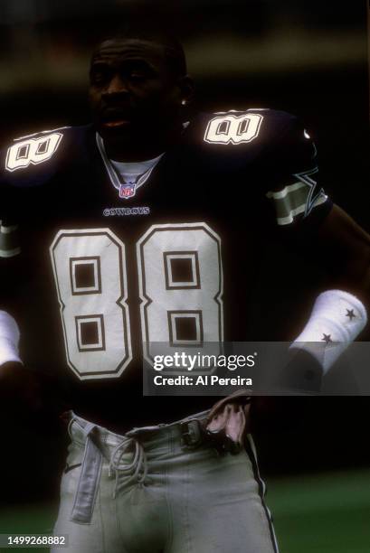 Wide Receiver Michael Irvin of the Dallas Cowboys follows the action in the game between the Dallas Cowboys vs the Philadelphia Eagles at Veterans...