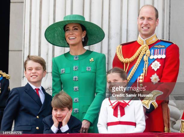 Prince George of Wales, Prince Louis of Wales, Catherine, Princess of Wales, Princess Charlotte of Wales, Prince William of Wales on the balcony...