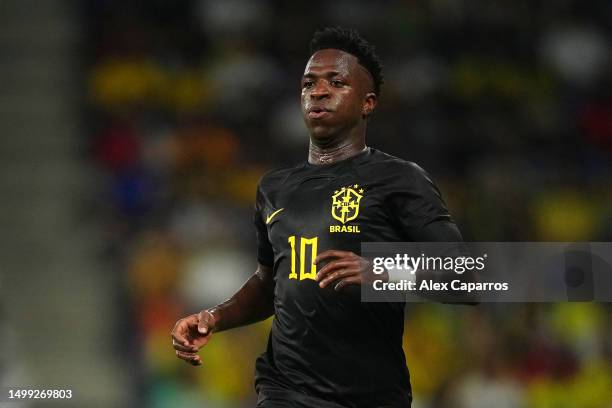 Vinicius Junior of Brazil looks on during an International Friendly match between Brazil and Guinea at Stage Front Stadium on June 17, 2023 in...