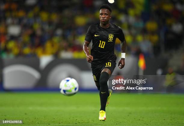 Vinicius Junior of Brazil looks on from off the ball during an International Friendly match between Brazil and Guinea at Stage Front Stadium on June...