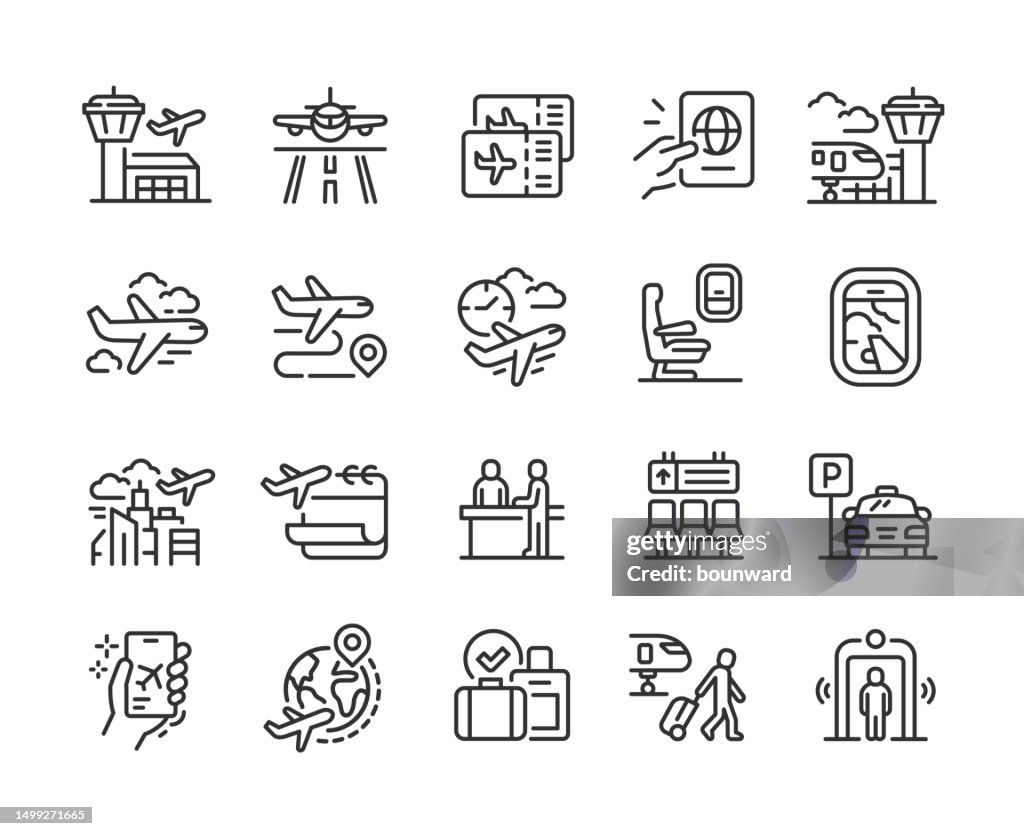 Iconos de línea de aeropuerto. Pixel perfecto. Trazo editable.