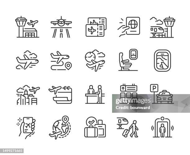 airport line icons. pixel perfect. editable stroke. - travel stock illustrations
