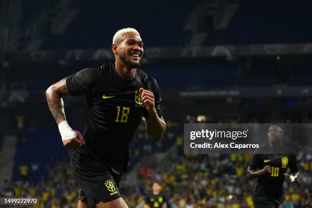 Joelinton of Brazil celebrates after scoring the team's first goal during an International Friendly match between Brazil and Guinea at Stage Front...