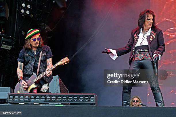 Johnny Depp and Alice Cooper from Holllywood Vampires perform at the Pinkpop festival on June 17, 2023 in Landgraaf, Netherlands.