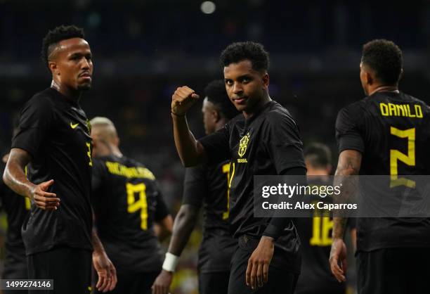 Rodrygo of Brazil celebrates after scoring the team's second goal during an International Friendly match between Brazil and Guinea at Stage Front...