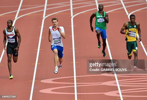 Canada's Aaron Brown, France's Christophe Lemaitre, Sierra Leone's Ibrahim Turay and South Africa's Anaso Jobodwana compete in the men's 200m heats...