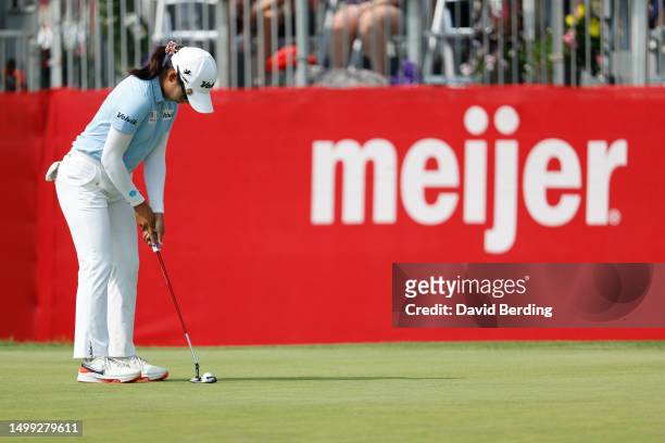Mi Hyang Lee of South Korea putts on the 18th green during the third round of the Meijer LPGA Classic for Simply Give at Blythefield Country Club on...