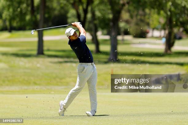 Pierceson Coody of the United States hits an approach shot on the second hole during the third round of the Blue Cross and Blue Shield of Kansas...