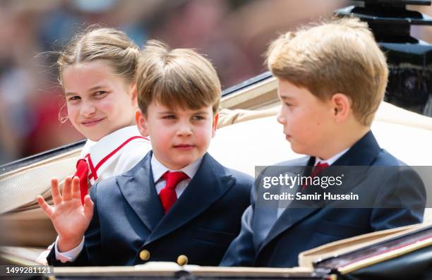 Princes Charlotte of Wales, Prince Louis of Wales and Prince George of Wales during Trooping the Colour on June 17, 2023 in London, England. Trooping...