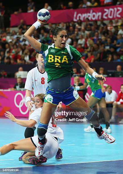 Fabiana Diniz of Brazil shoots and scores against Norway during the Women's Quarterfinal match between Brazil and Norway on Day 11 of the London 2012...