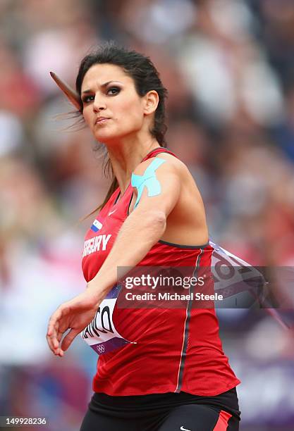 Leryn Franco of Paraguay competes in the Women's Javelin Throw Qualification on Day 11 of the London 2012 Olympic Games at Olympic Stadium on August...