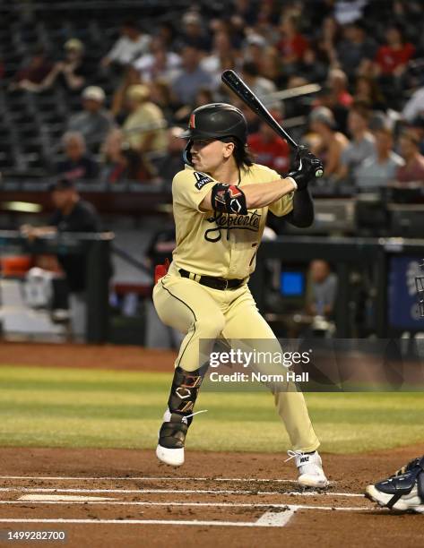 Corbin Carroll of the Arizona Diamondbacks gets ready in the batters box against the Cleveland Guardians at Chase Field on June 16, 2023 in Phoenix,...