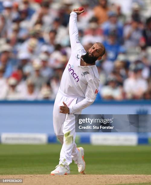 England bowler Moeen Ali in bowling action during day two of the LV= Insurance Ashes 1st Test Match between England and Australia at Edgbaston on...