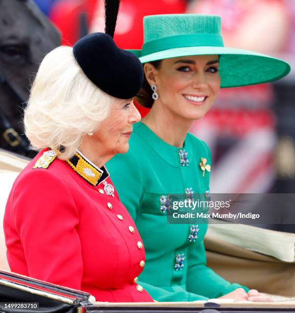 Queen Camilla and Catherine, Princess of Wales depart Buckingham Palace in a horse drawn carriage to attend Trooping the Colour on June 17, 2023 in...