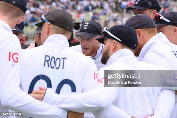 England captain Ben Stokes speaks to team mates in the huddle during day two of the LV= Insurance Ashes 1st Test Match between England and Australia...