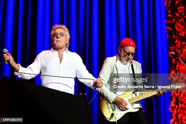 English musicians Roger Daltrey )L) and Pete Townshend leads The Who in concert at Firenze Rocks 2023 at Visarno Arena on June 17, 2023 in Florence,...