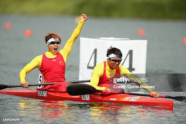 Yu Zhou and Yanan Wu of China celebrate after their Women's Kayak Double 500m Sprint Semi Final on Day 11 of the London 2012 Olympic Games at Eton...