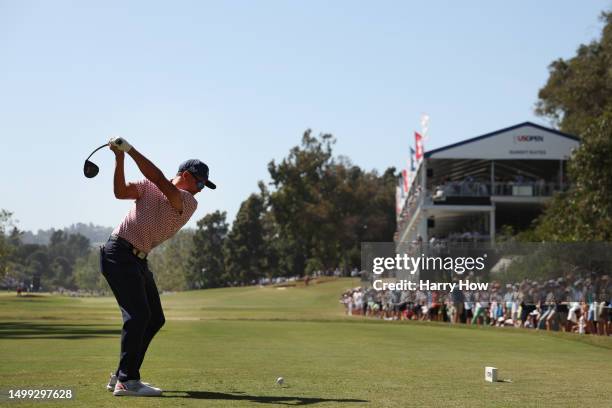 Rickie Fowler of the United States plays his shot from the second tee during the third round of the 123rd U.S. Open Championship at The Los Angeles...