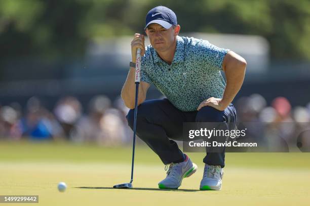 Rory McIlroy of Northern Ireland lines up a putt on the first hole during the third round of the 123rd U.S. Open Championship at The Los Angeles...