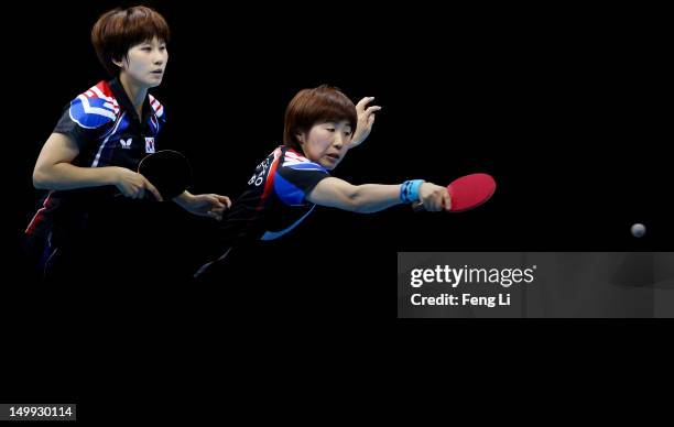 Yeseo Dang and Hajung Seok of Korea compete against Yuegu Wang and Jiawei Li of Singapore during the Women's Team Table Tennis bronze medal match on...